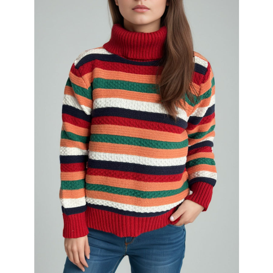 Contrast Stripes Turtleneck Long Sleeve Sweater Apparel and Accessories