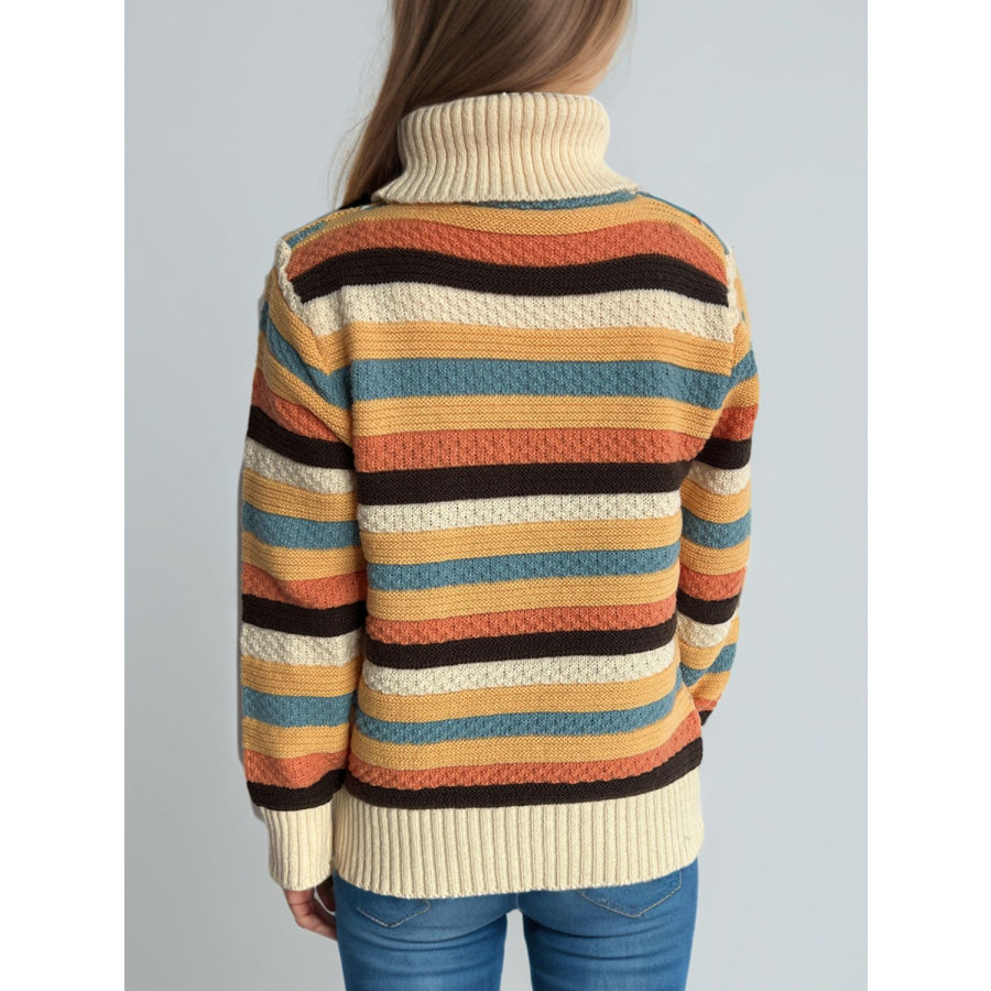 Contrast Stripes Turtleneck Long Sleeve Sweater Apparel and Accessories