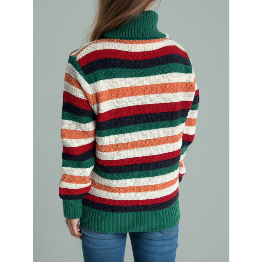 Contrast Stripes Turtleneck Long Sleeve Sweater Apparel and Accessories