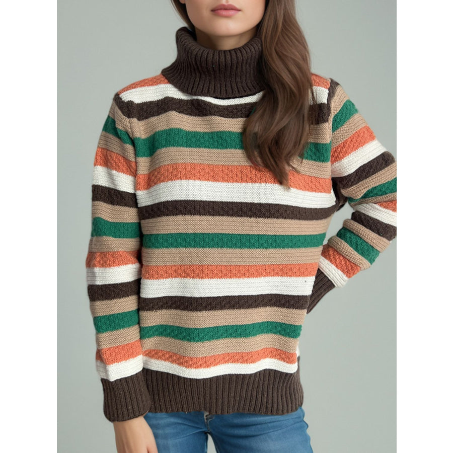 Contrast Stripes Turtleneck Long Sleeve Sweater Apparel and Accessories