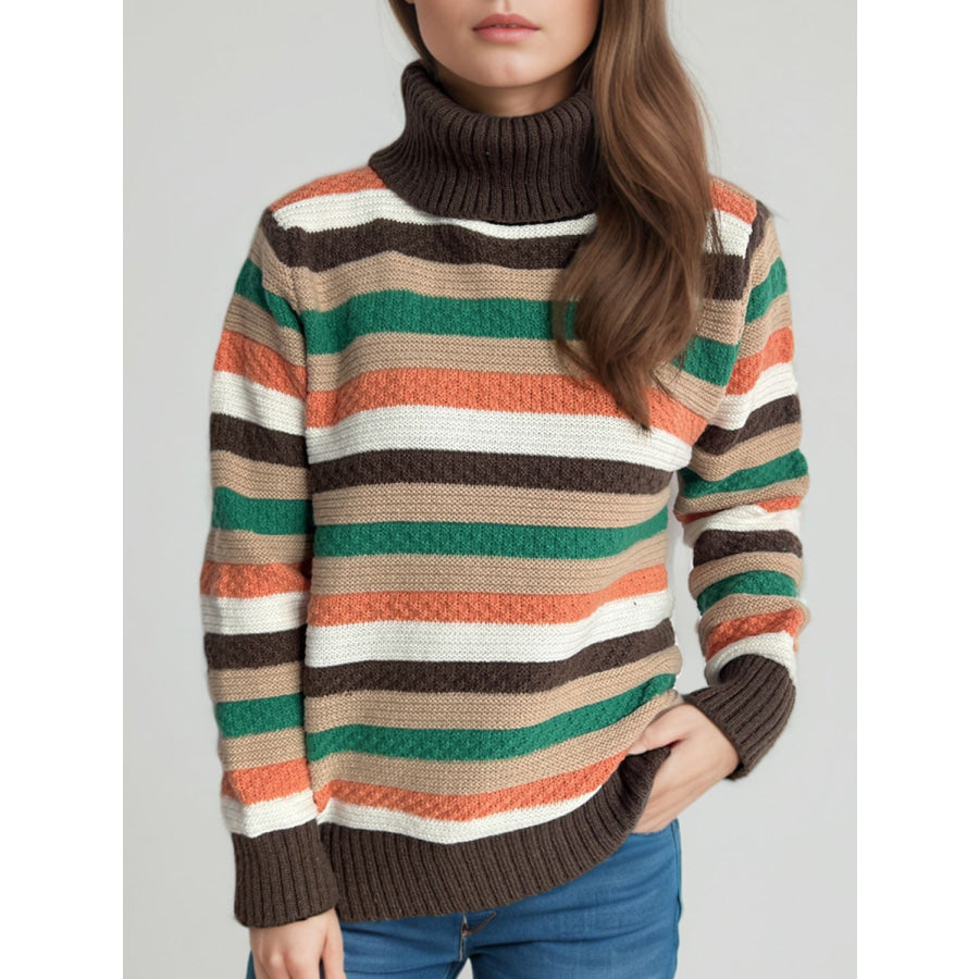 Contrast Stripes Turtleneck Long Sleeve Sweater Apparel and Accessories