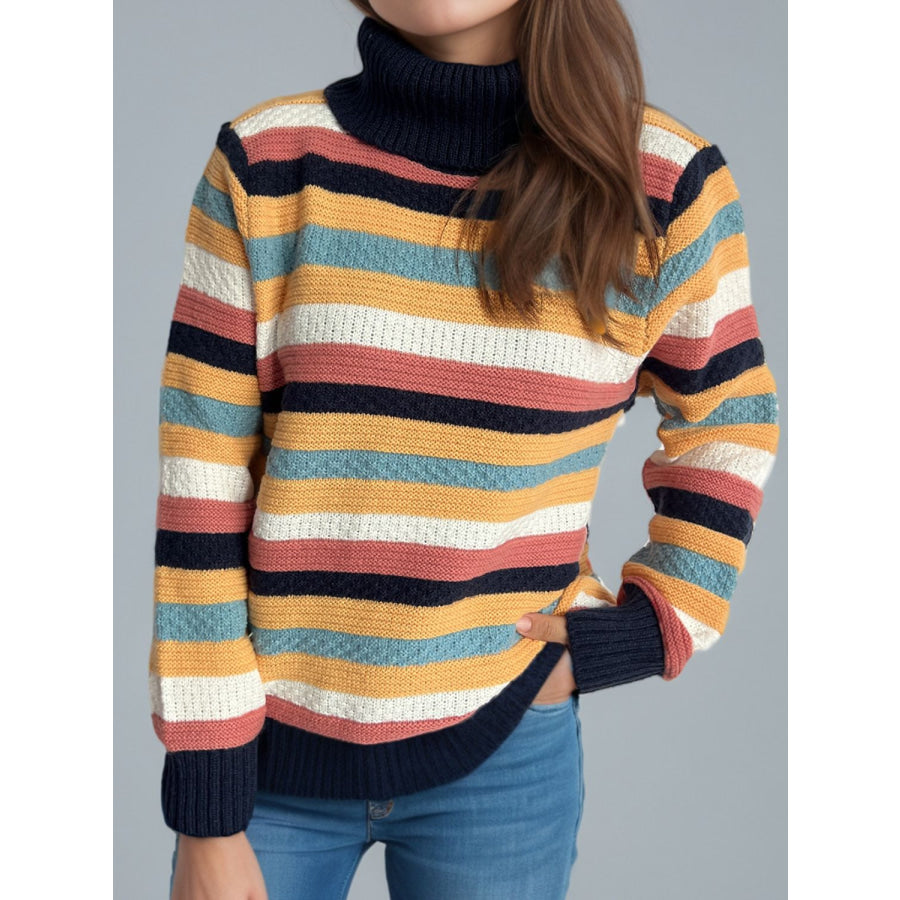 Contrast Stripes Turtleneck Long Sleeve Sweater Black / One Size Apparel and Accessories