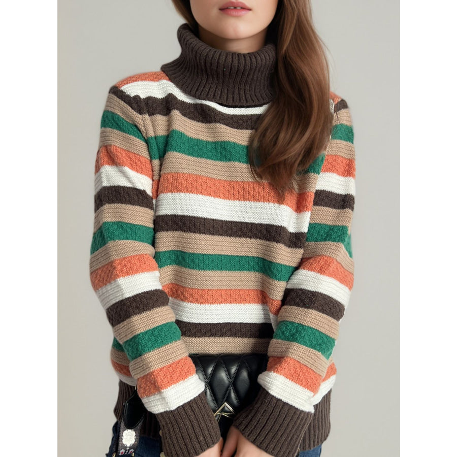 Contrast Stripes Turtleneck Long Sleeve Sweater Chocolate / One Size Apparel and Accessories