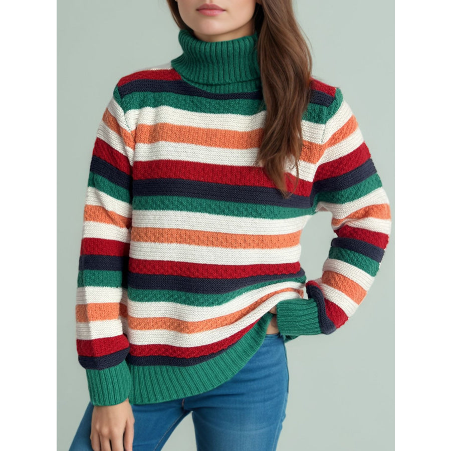 Contrast Stripes Turtleneck Long Sleeve Sweater Dark Green / One Size Apparel and Accessories