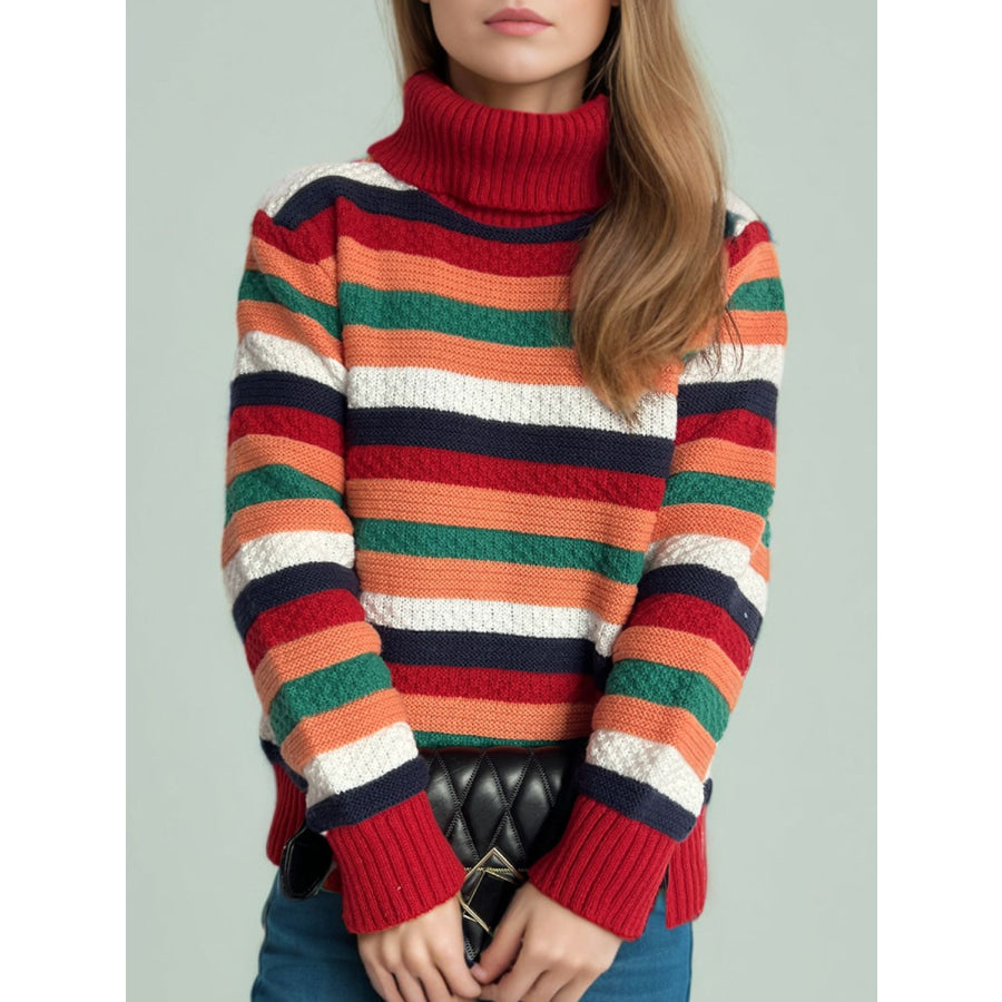 Contrast Stripes Turtleneck Long Sleeve Sweater Deep Red / One Size Apparel and Accessories