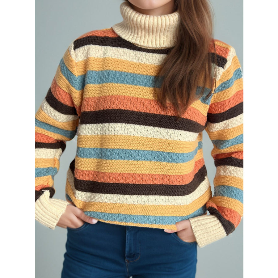 Contrast Stripes Turtleneck Long Sleeve Sweater Pastel Yellow / One Size Apparel and Accessories