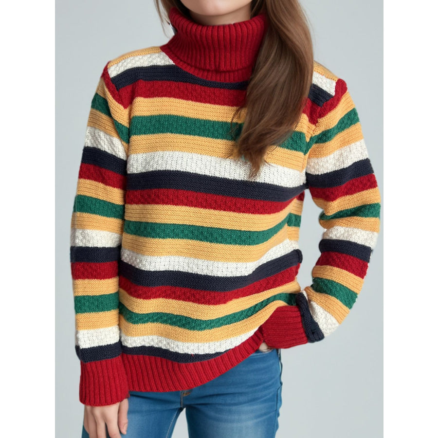 Contrast Stripes Turtleneck Long Sleeve Sweater Scarlet / One Size Apparel and Accessories