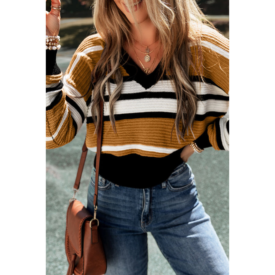 Contrast Stripes V Neck Long Sleeve Sweater Apparel and Accessories