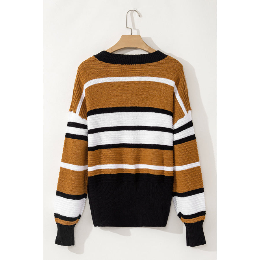 Contrast Stripes V Neck Long Sleeve Sweater Apparel and Accessories