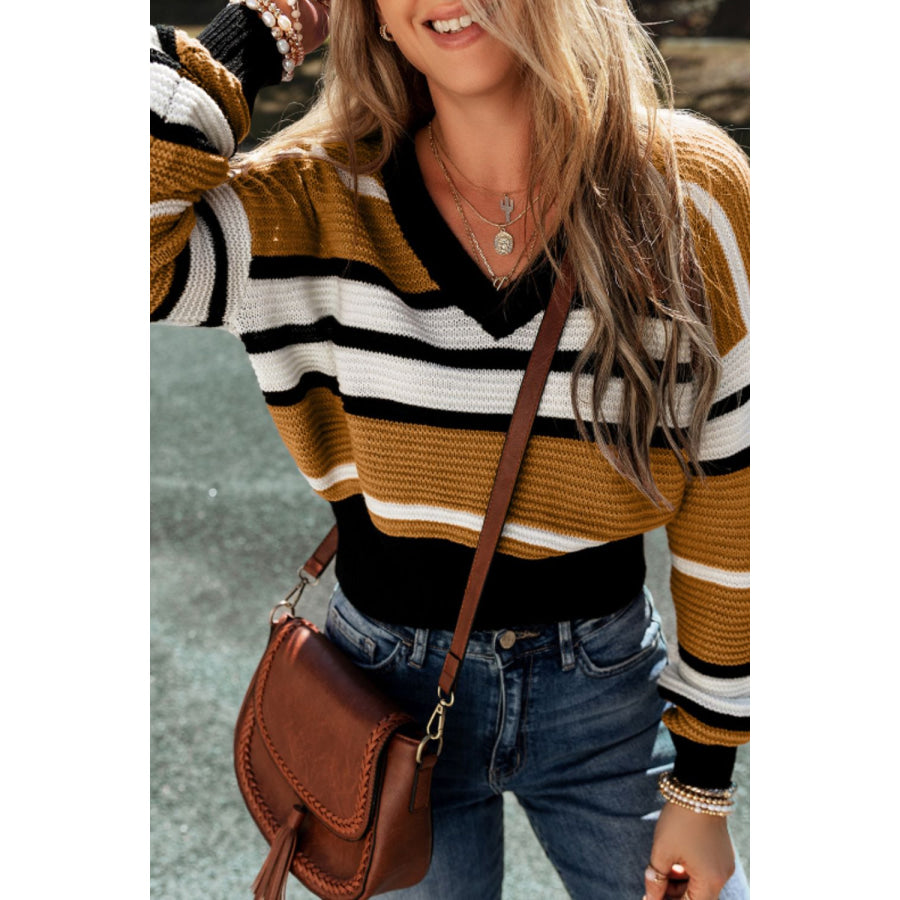 Contrast Stripes V Neck Long Sleeve Sweater Apparel and Accessories