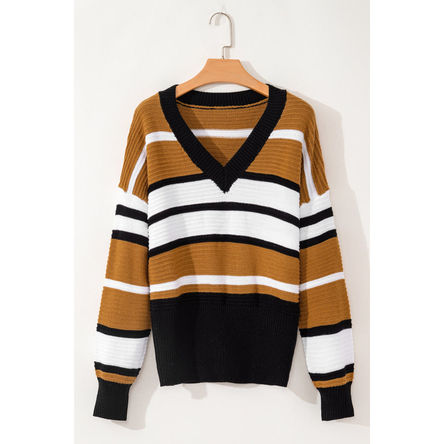 Contrast Stripes V Neck Long Sleeve Sweater Apparel and Accessories