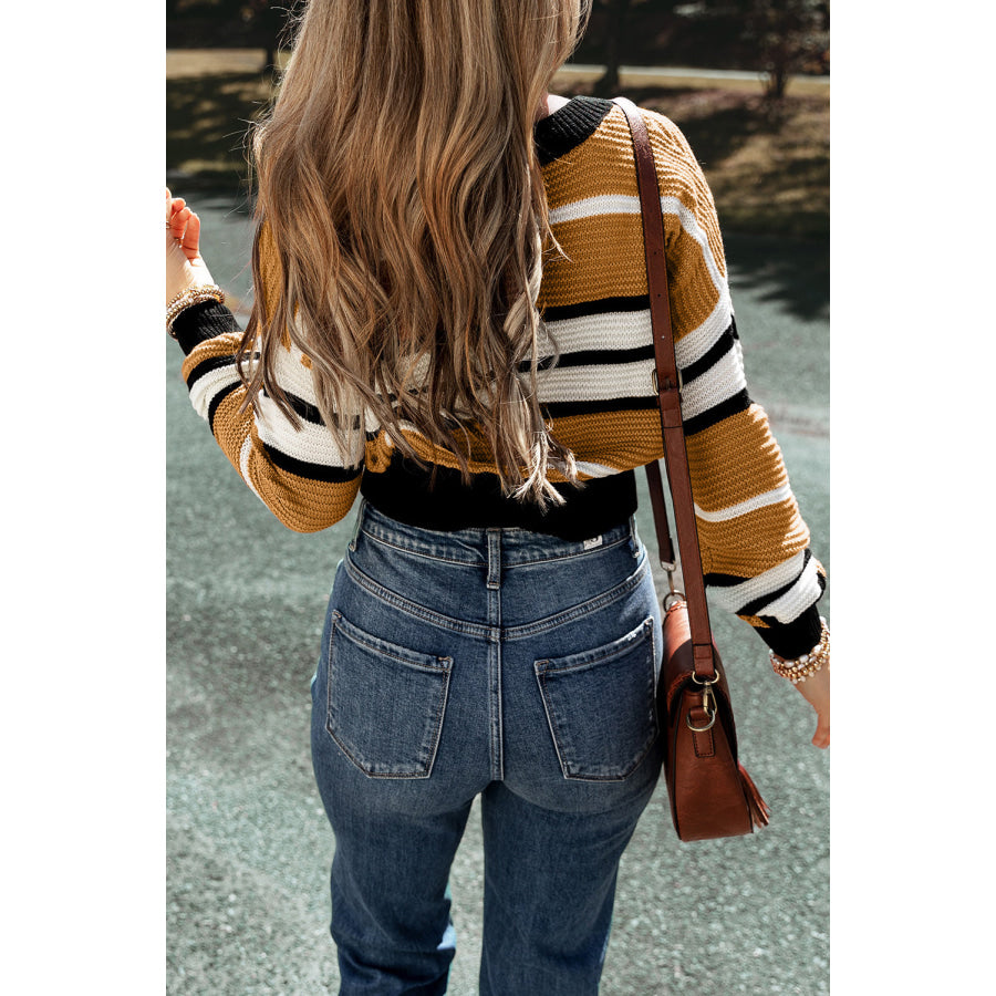 Contrast Stripes V Neck Long Sleeve Sweater Apparel and Accessories