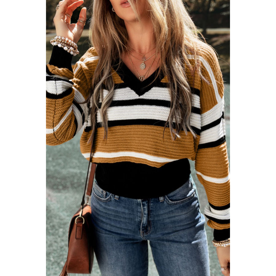 Contrast Stripes V Neck Long Sleeve Sweater Brown / S Apparel and Accessories