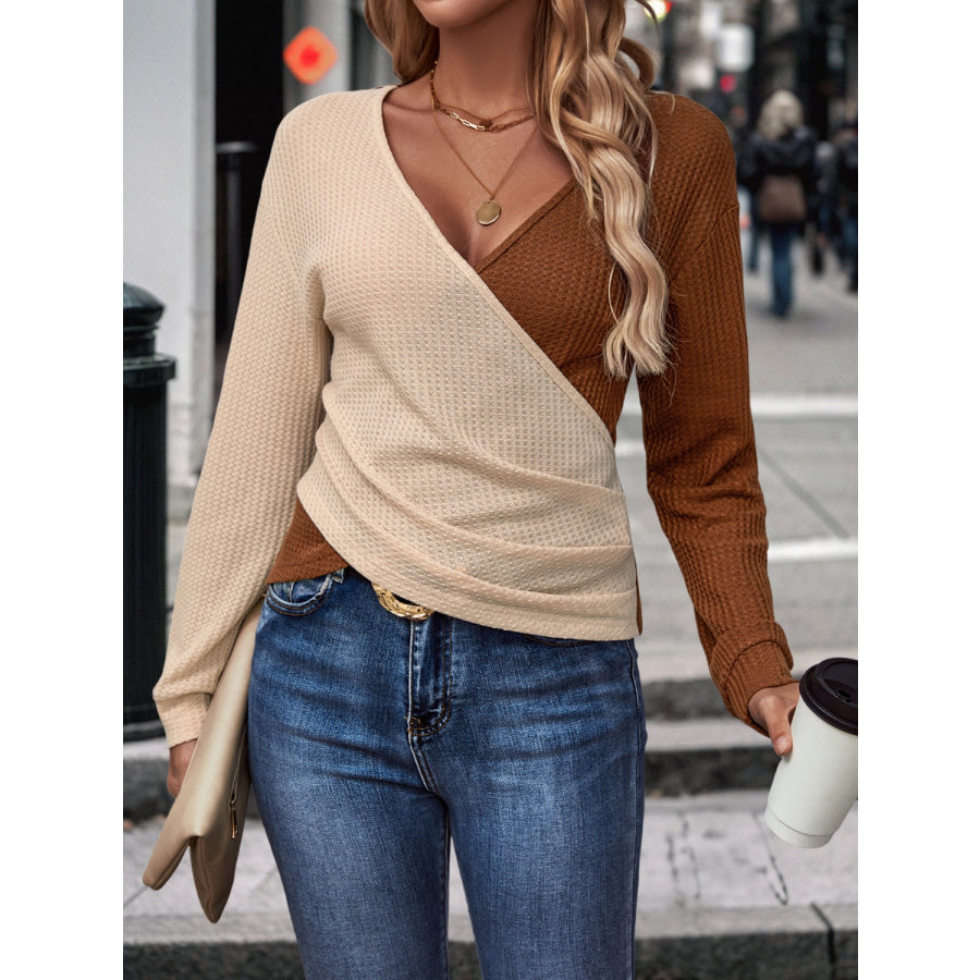 Contrast Surplice Long Sleeve Top Brown / S Apparel and Accessories