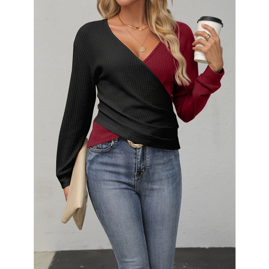 Contrast Surplice Long Sleeve Top Burgundy / S Apparel and Accessories