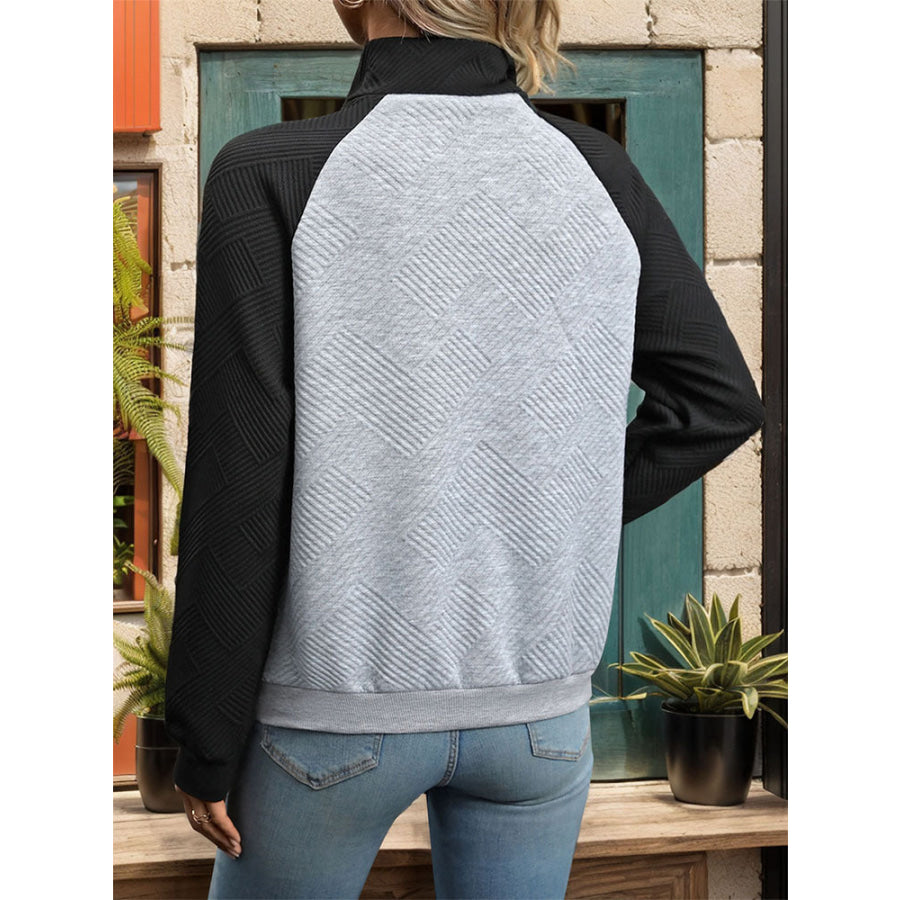 Contrast Textured Long Sleeve Sweatshirt Light Gray / S Apparel and Accessories