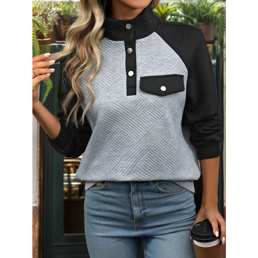 Contrast Textured Long Sleeve Sweatshirt Apparel and Accessories