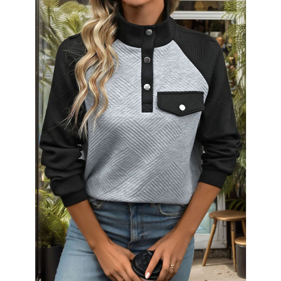 Contrast Textured Long Sleeve Sweatshirt Apparel and Accessories