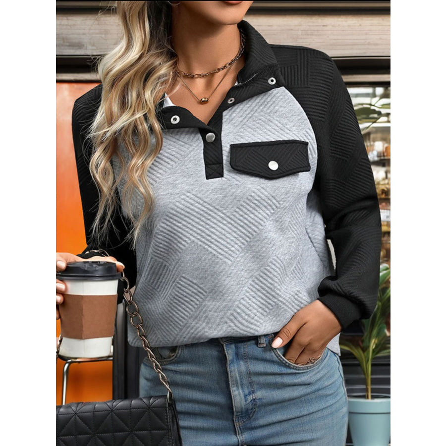 Contrast Textured Long Sleeve Sweatshirt Apparel and Accessories