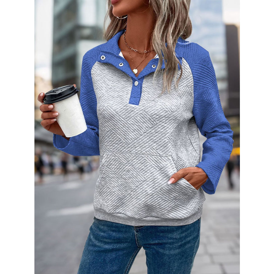 Contrast Textured Long Sleeve Sweatshirt Blue / S Apparel and Accessories