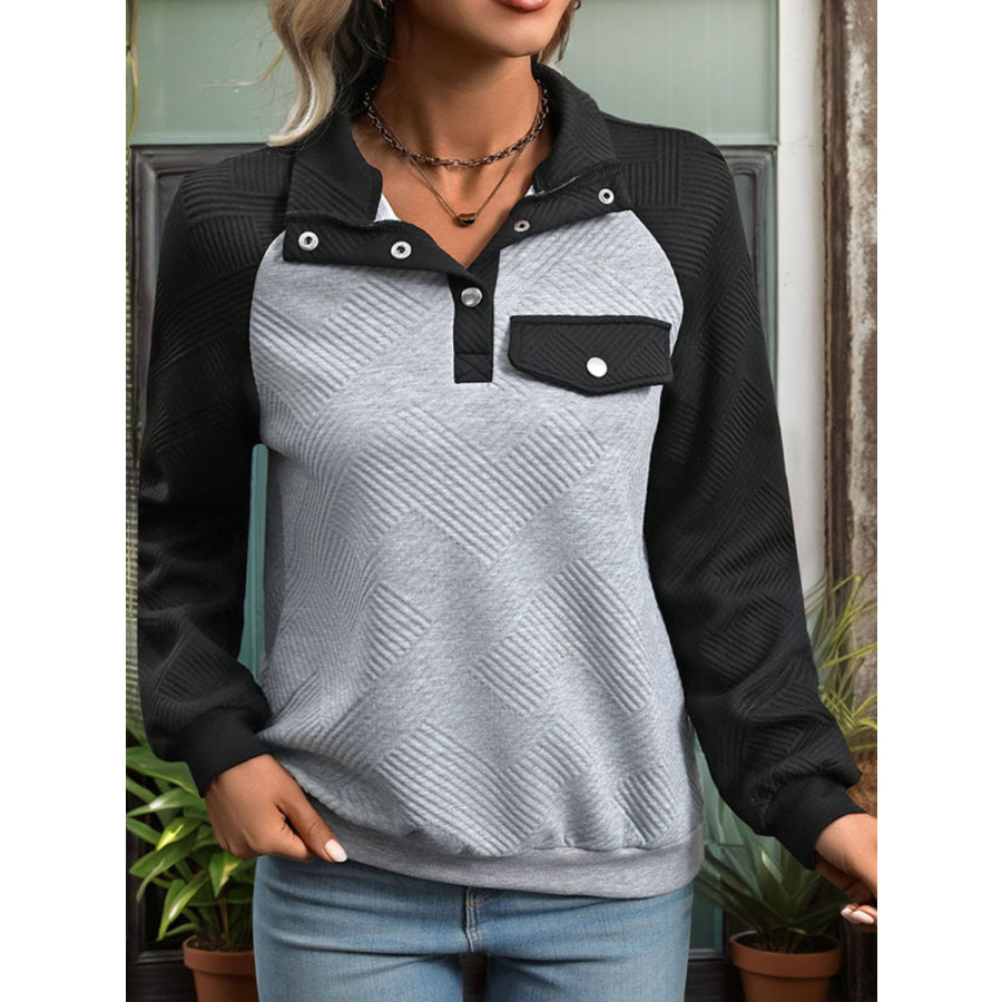 Contrast Textured Long Sleeve Sweatshirt Light Gray / S Apparel and Accessories