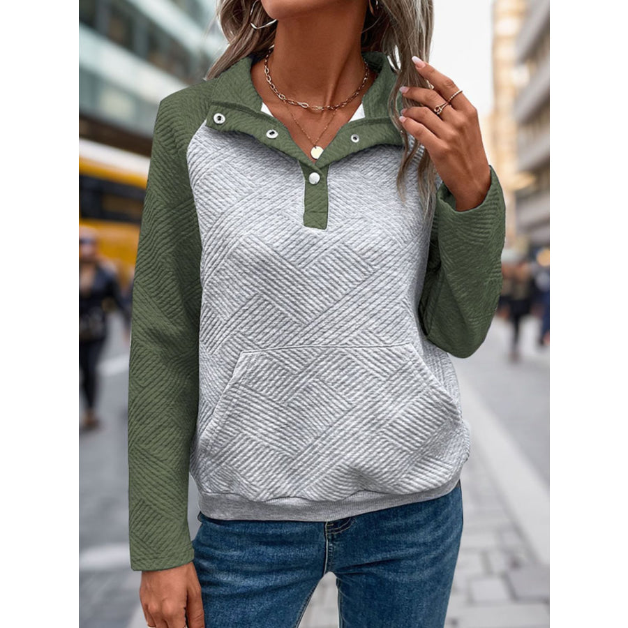 Contrast Textured Long Sleeve Sweatshirt Moss / S Apparel and Accessories