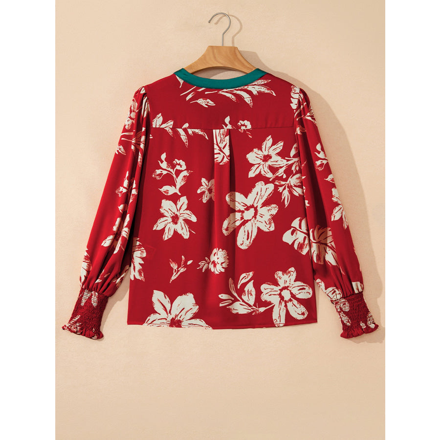 Contrast Tied Neck Shirred Puff Sleeve Flower Blouse Apparel and Accessories