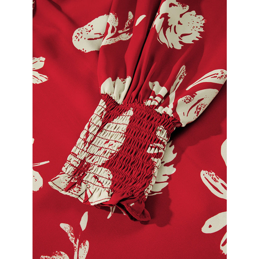 Contrast Tied Neck Shirred Puff Sleeve Flower Blouse Apparel and Accessories