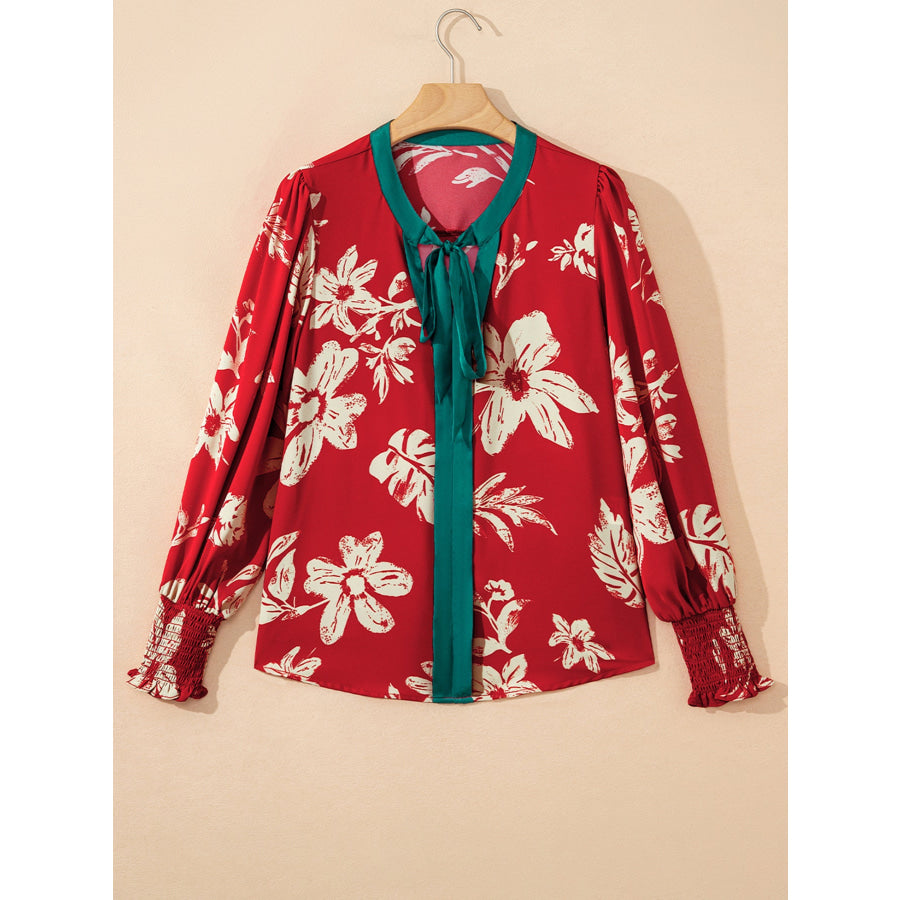 Contrast Tied Neck Shirred Puff Sleeve Flower Blouse Apparel and Accessories
