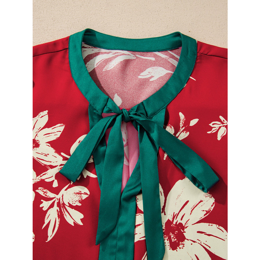 Contrast Tied Neck Shirred Puff Sleeve Flower Blouse Apparel and Accessories