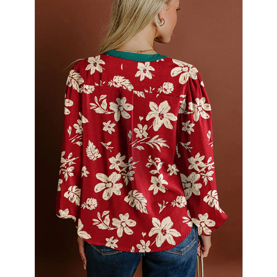 Contrast Tied Neck Shirred Puff Sleeve Flower Blouse Apparel and Accessories