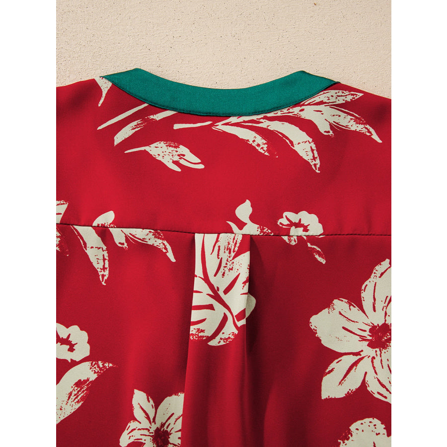 Contrast Tied Neck Shirred Puff Sleeve Flower Blouse Apparel and Accessories