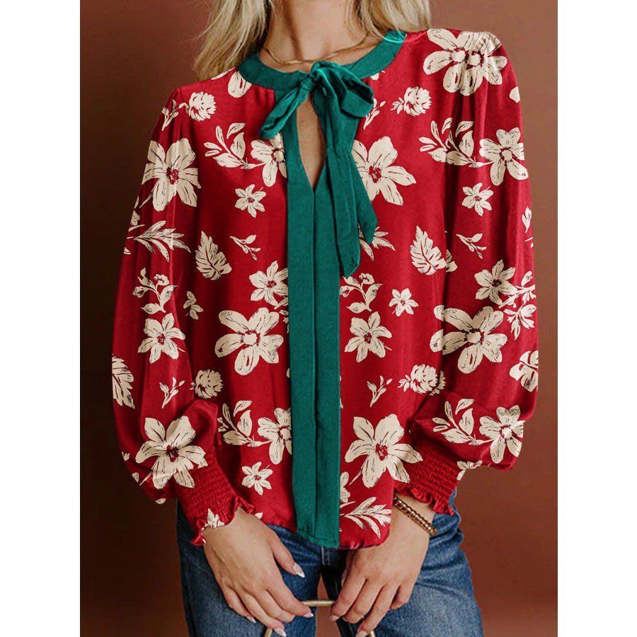 Contrast Tied Neck Shirred Puff Sleeve Flower Blouse Deep Red / S Apparel and Accessories