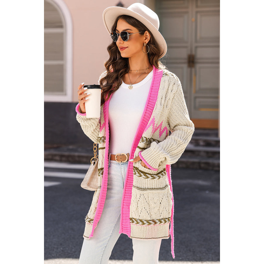 Contrast Tied Open Front Cardigan Apparel and Accessories