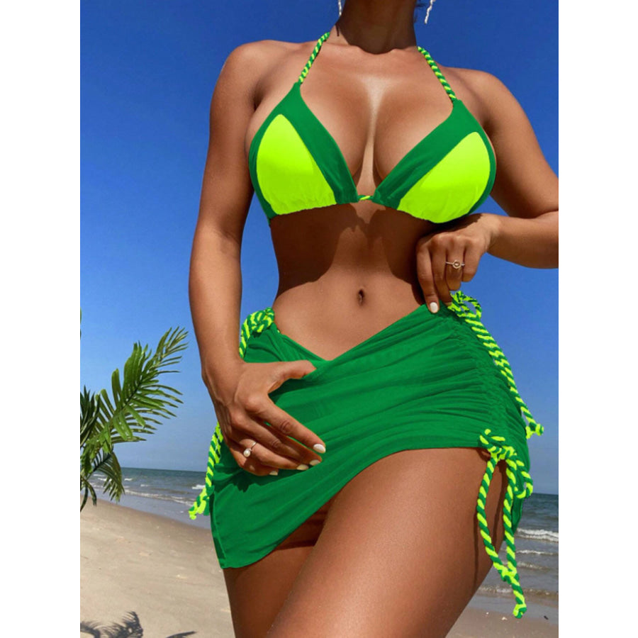 Contrast Tied Three - Piece Swim Set Green / S Apparel and Accessories