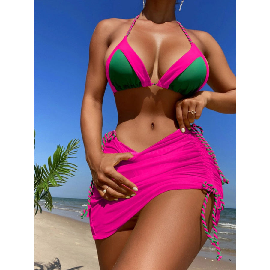 Contrast Tied Three - Piece Swim Set Hot Pink / S Apparel and Accessories