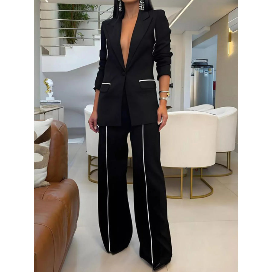 Contrast Trim Blazer & Wide Leg Pants Set Black / S Apparel and Accessories