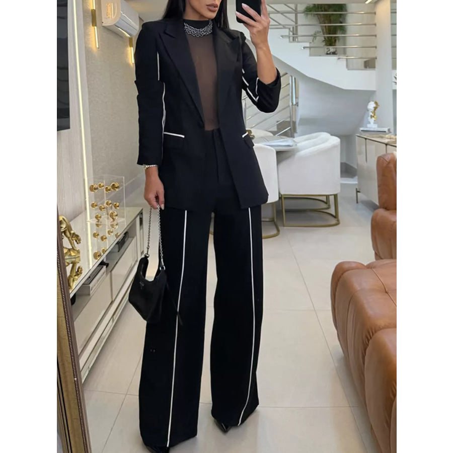 Contrast Trim Blazer & Wide Leg Pants Set Black / S Apparel and Accessories