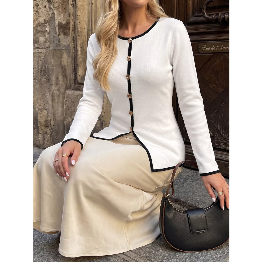Contrast Trim Button Decor Knit Top Apparel and Accessories