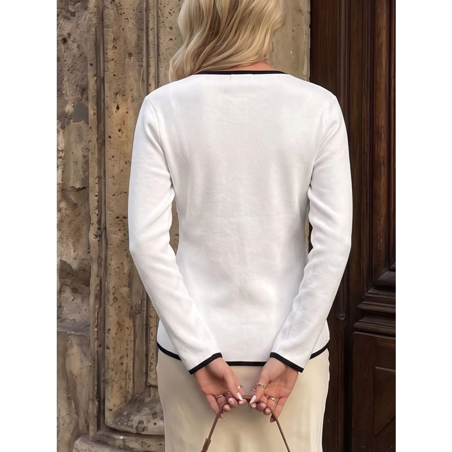 Contrast Trim Button Decor Knit Top Apparel and Accessories