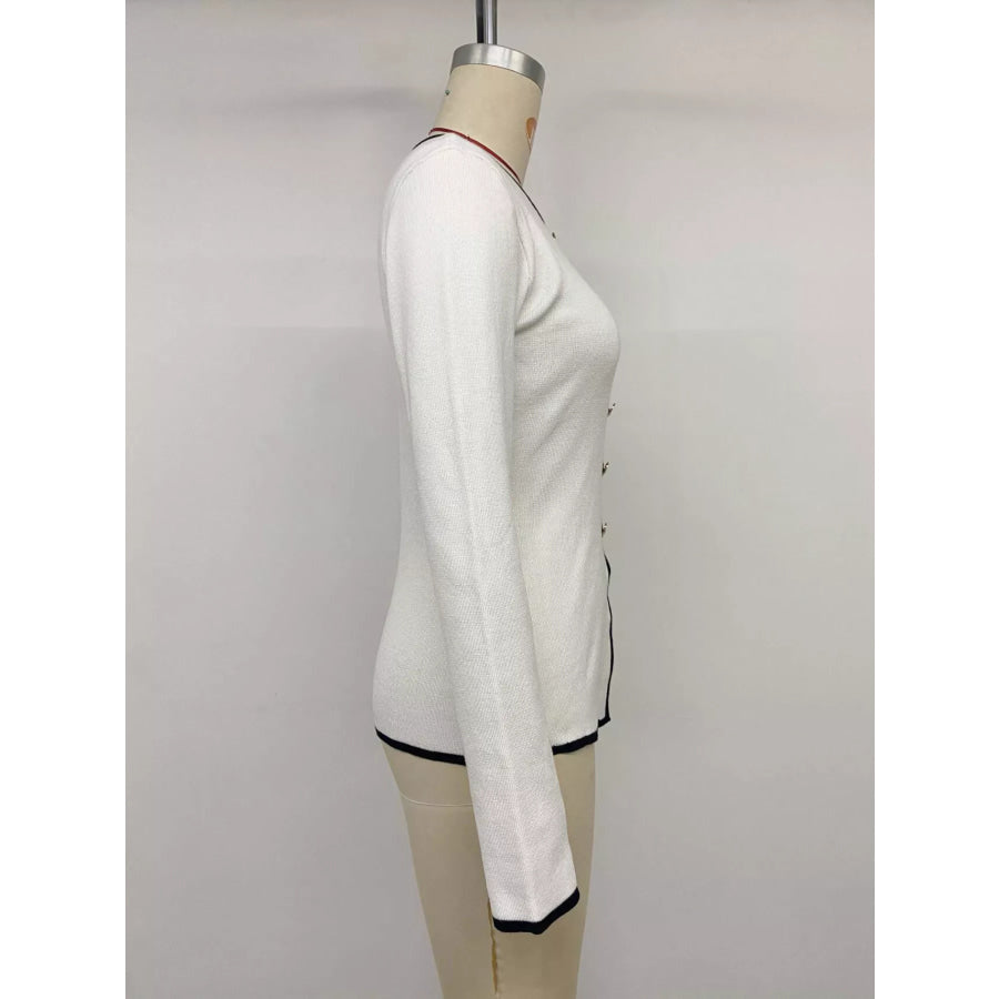 Contrast Trim Button Decor Knit Top Apparel and Accessories