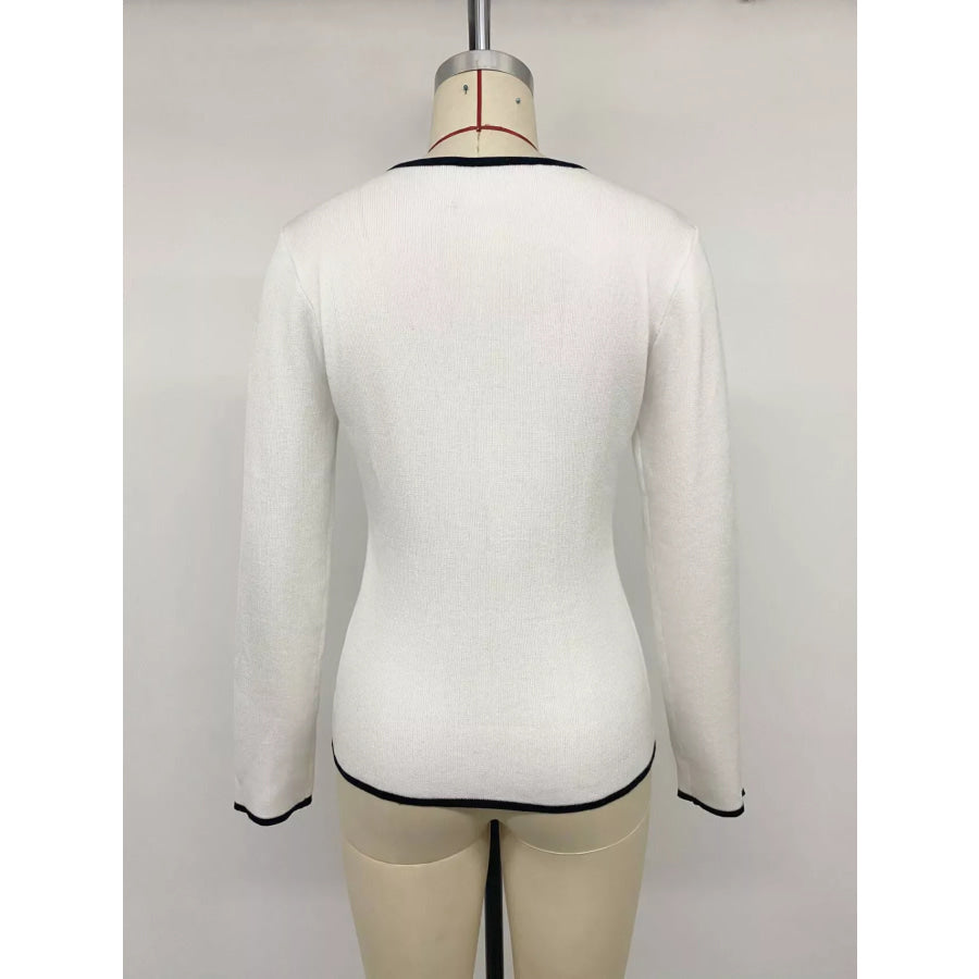 Contrast Trim Button Decor Knit Top Apparel and Accessories