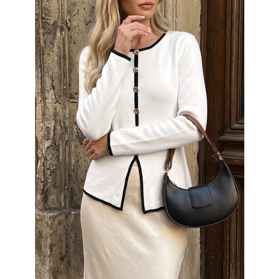 Contrast Trim Button Decor Knit Top Apparel and Accessories