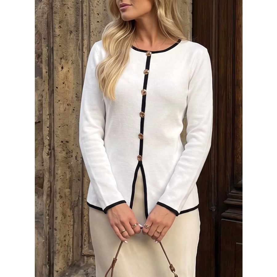 Contrast Trim Button Decor Knit Top Apparel and Accessories