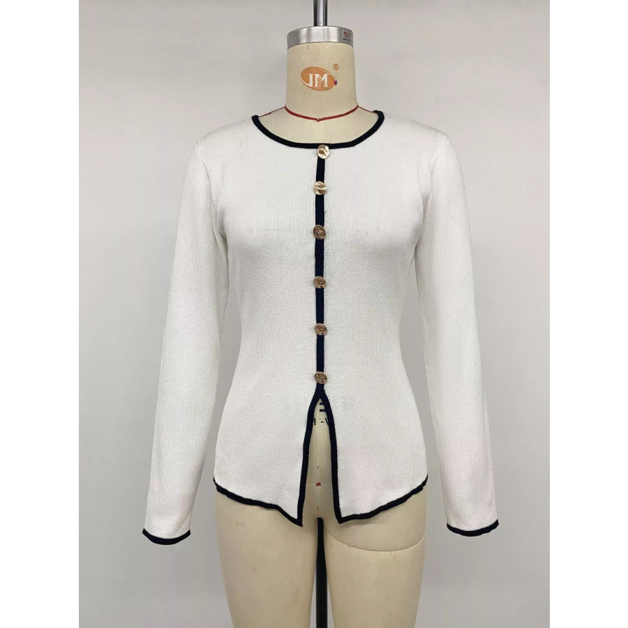 Contrast Trim Button Decor Knit Top Apparel and Accessories