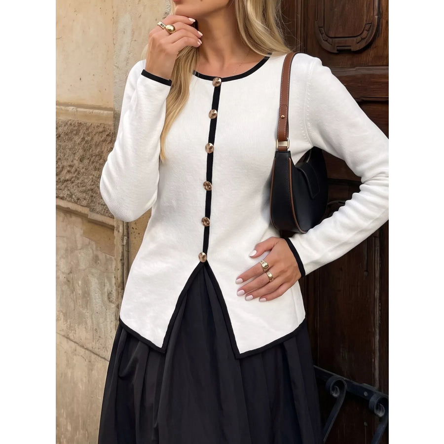 Contrast Trim Button Decor Knit Top White / S Apparel and Accessories