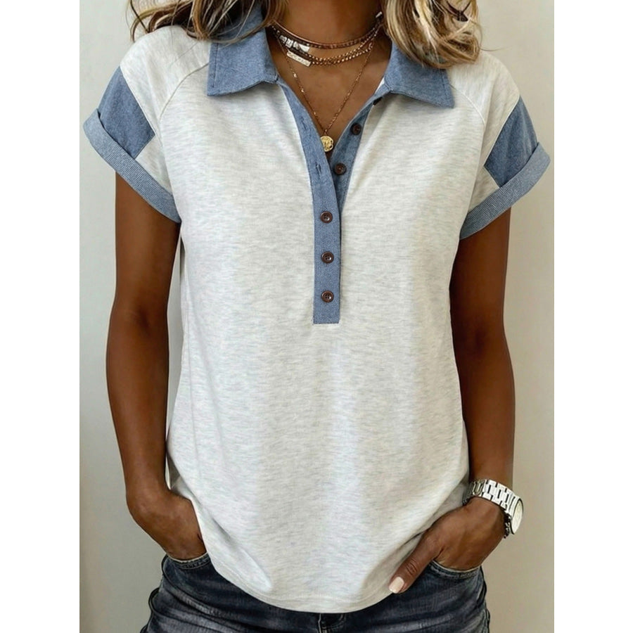 Contrast Trim Button Detail Top Light Gray / S Apparel and Accessories