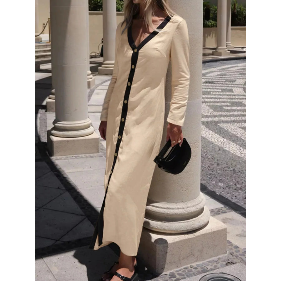 Contrast Trim Button-Down Midi Dress Apparel and Accessories