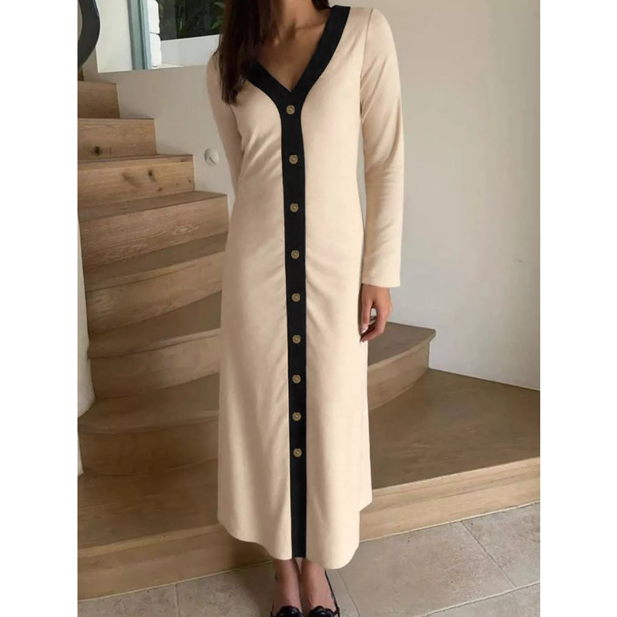 Contrast Trim Button-Down Midi Dress Apparel and Accessories