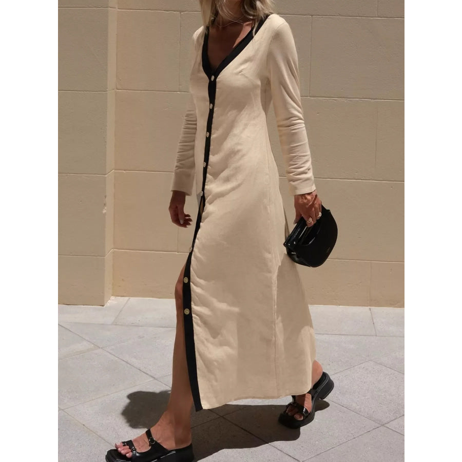 Contrast Trim Button-Down Midi Dress Apparel and Accessories